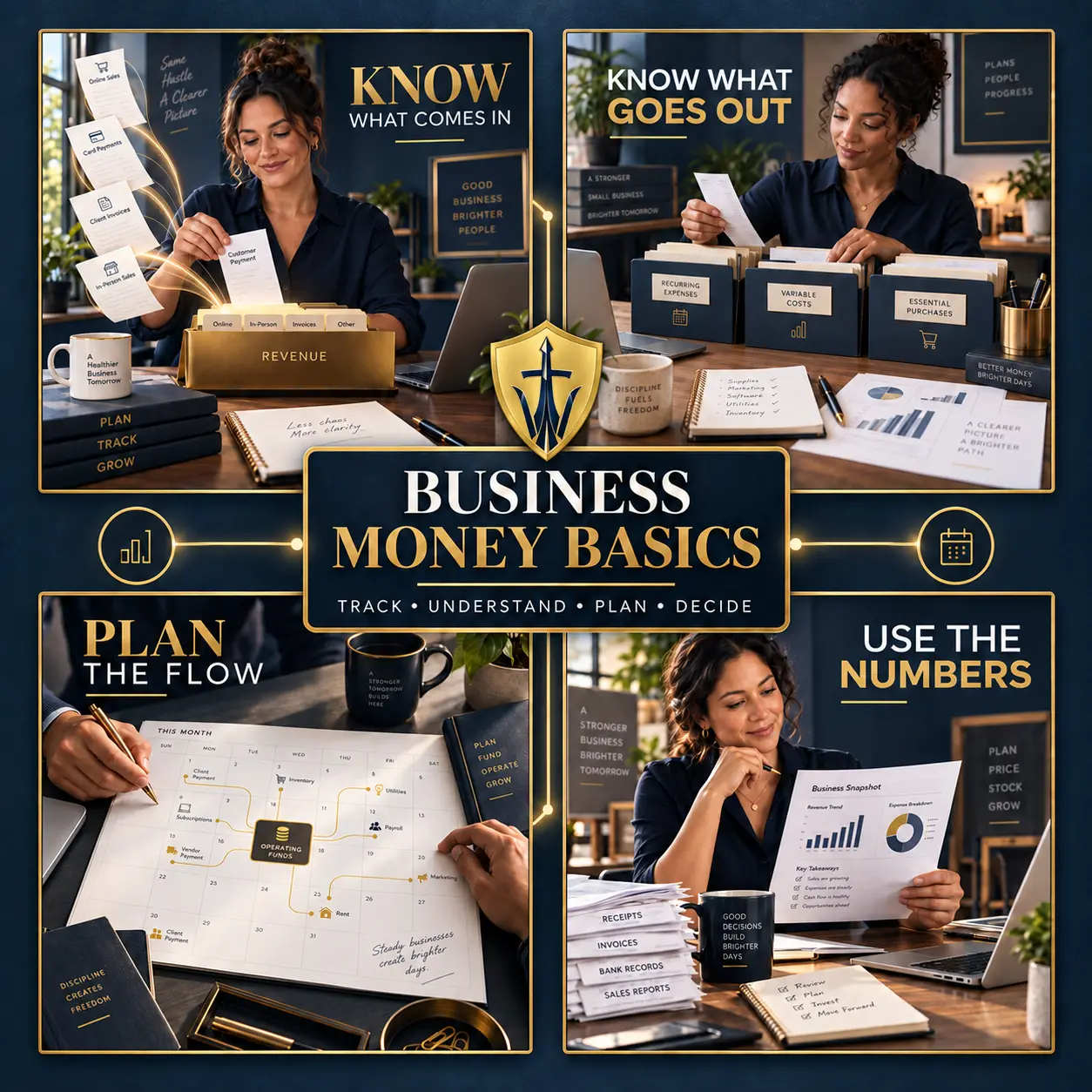 Business Money Basics visual showing the four-part path: know what comes in, know what goes out, plan the flow, and use the numbers