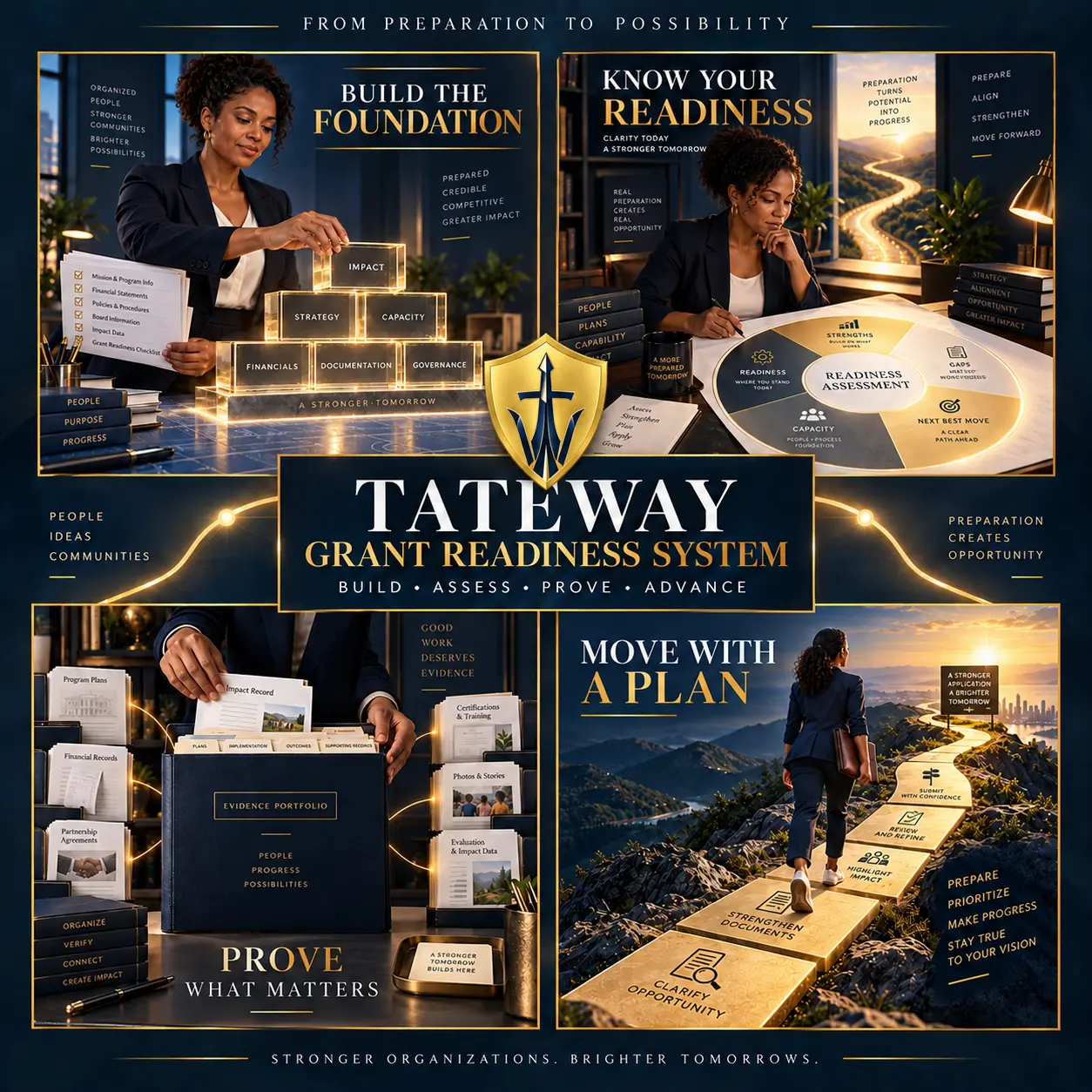 Tateway Grant Readiness System visual showing foundation building, readiness assessment, evidence organization, and planned advancement